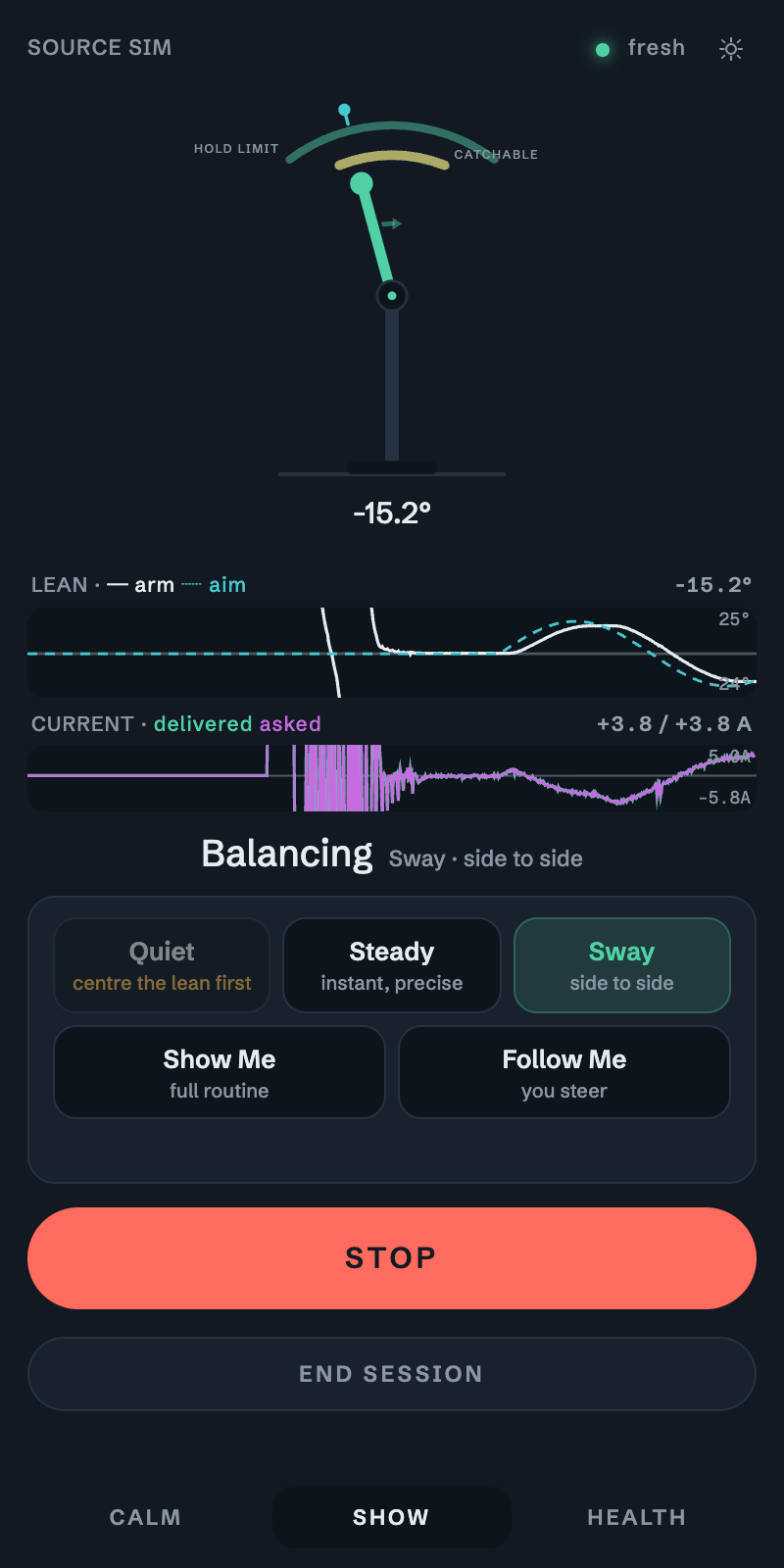 The app's Show screen in dark mode: the arm under its hold-limit arc, live lean and current traces, and behaviour buttons