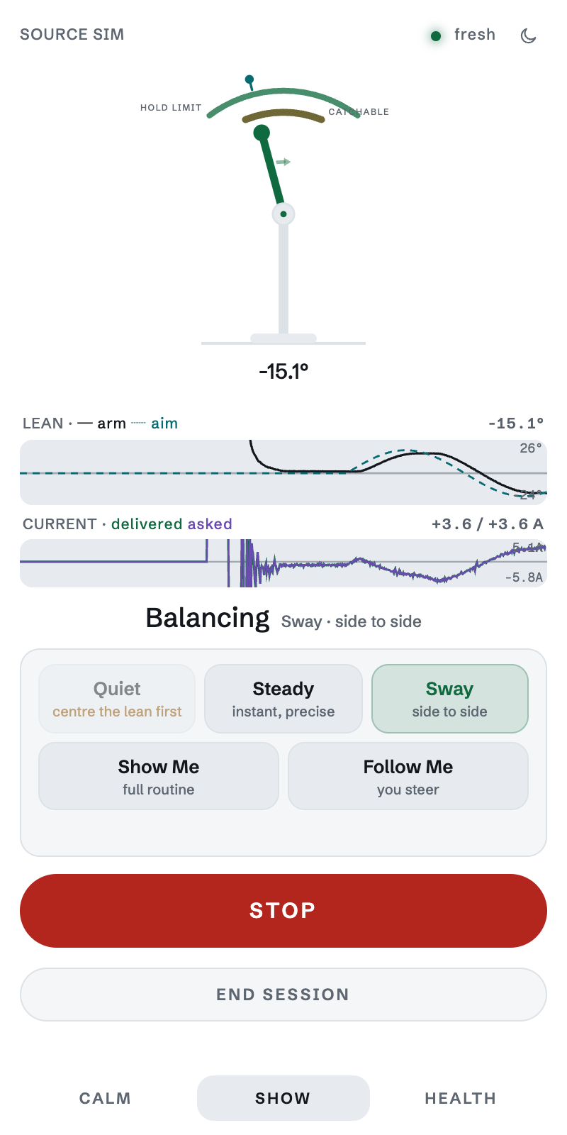 The app's Show screen: the arm under its hold-limit arc, live lean and current traces, and behaviour buttons