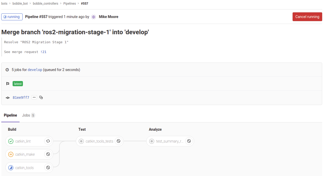 The GitLab CI pipeline: build, test and analyze stages