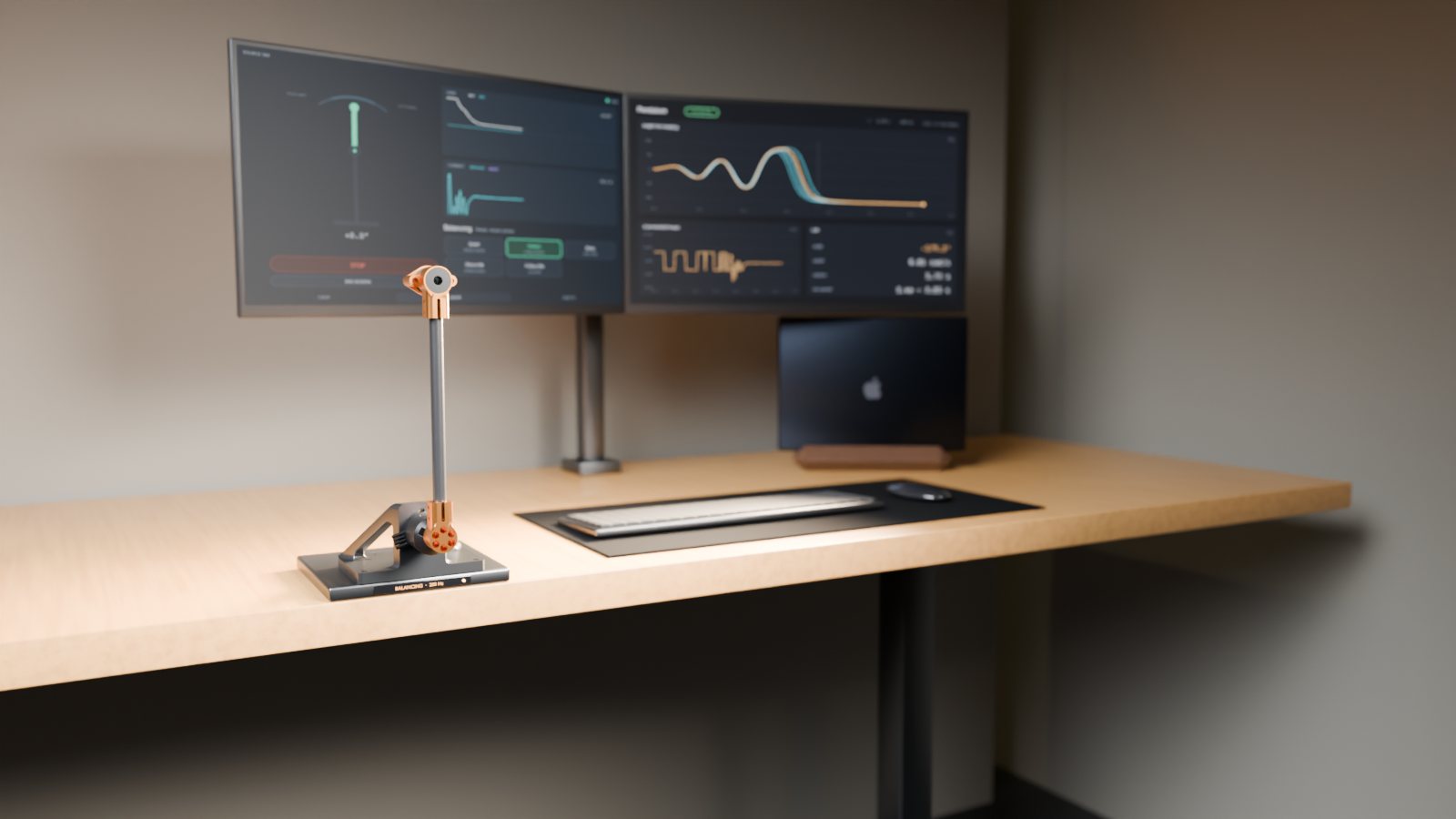 The pendulum balancing at the edge of my desk, with the app's Show screen on the left monitor and live plots on the right